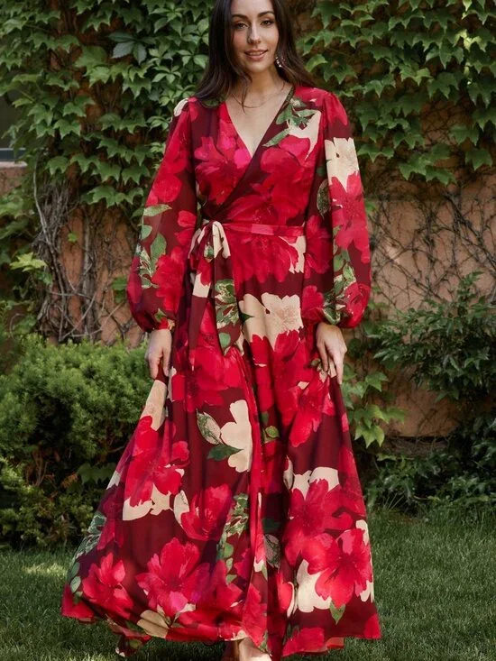 Baltic Born Katinka Wrap Maxi Dress | Burgundy Multi Floral Size SS - Picture 2 of 5